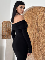 Off Shoulder Women's Maxi Dress - Elegant Pearl Beaded Back Slit Black Bodycon - Spring Party Wear 2026