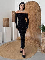 Off Shoulder Women's Maxi Dress - Elegant Pearl Beaded Back Slit Black Bodycon - Spring Party Wear 2026