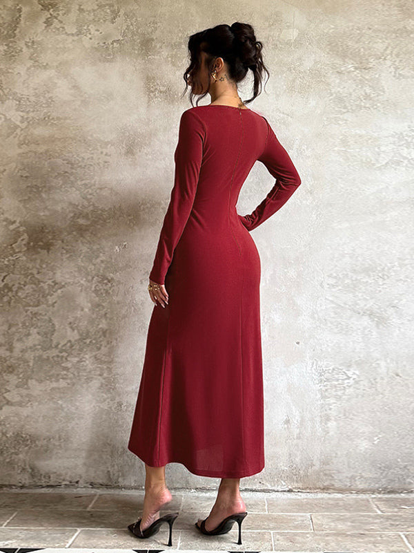 Elegant Burgundy Bodycon Dress For Women - Vintage Corset Waist Long Sleeve Long Dress - Spring Party Gown 2026