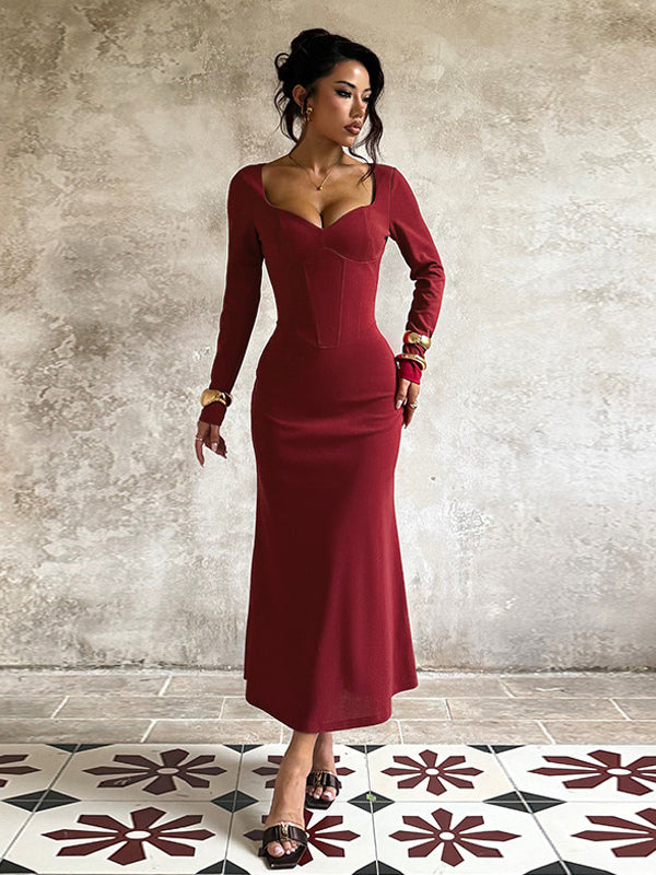 Elegant Burgundy Bodycon Dress For Women - Vintage Corset Waist Long Sleeve Long Dress - Spring Party Gown 2026