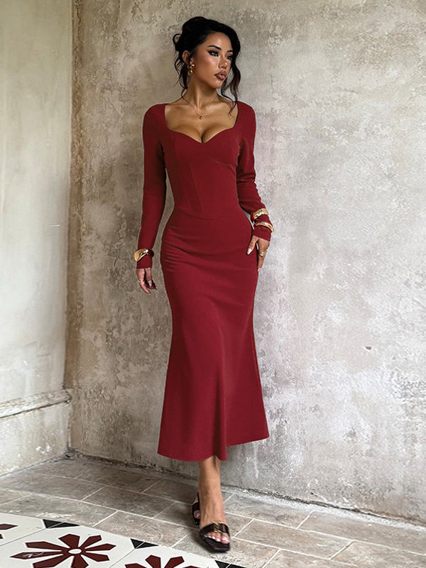 Elegant Burgundy Bodycon Dress For Women - Vintage Corset Waist Long Sleeve Long Dress - Spring Party Gown 2026