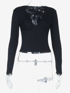 Deep V Neck Women's Lace Trim Top - Black Sexy Slim Fit Blouse - Gothic Style Spring Clubwear 2026