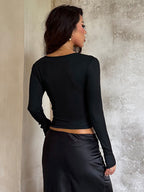 Deep V Neck Women's Lace Trim Top - Black Sexy Slim Fit Blouse - Gothic Style Spring Clubwear 2026