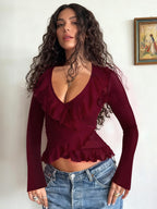 Romantic Ruffle Women's Wrap Top - V Neck Long Sleeve - Coquette Aesthetic Spring Date Night Wear 2026