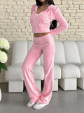 Pink Women's 2 Piece Tracksuit - Trendy Zip Up Cropped Hoodie & Straight Pants - Y2K Velour Style Spring Loungewear 2026