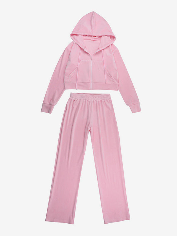 Pink Women's 2 Piece Tracksuit - Trendy Zip Up Cropped Hoodie & Straight Pants - Y2K Velour Style Spring Loungewear 2026