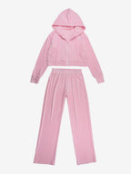 Pink Women's 2 Piece Tracksuit - Trendy Zip Up Cropped Hoodie & Straight Pants - Y2K Velour Style Spring Loungewear 2026