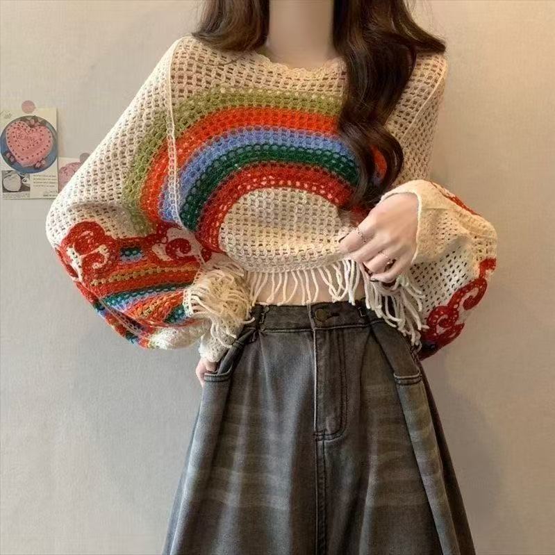 V Neck Rainbow Color Block Tassel Hollow Out Crochet Top