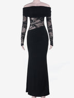 Off Shoulder Lace Patchwork Maxi Dress For Women - Black Gothic Sheer Sleeve Bodycon Gown - Spring Gala Party Outfits 2026