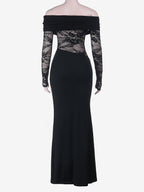 Off Shoulder Lace Patchwork Maxi Dress For Women - Black Gothic Sheer Sleeve Bodycon Gown - Spring Gala Party Outfits 2026