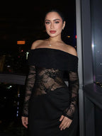 Off Shoulder Lace Patchwork Maxi Dress For Women - Black Gothic Sheer Sleeve Bodycon Gown - Spring Gala Party Outfits 2026
