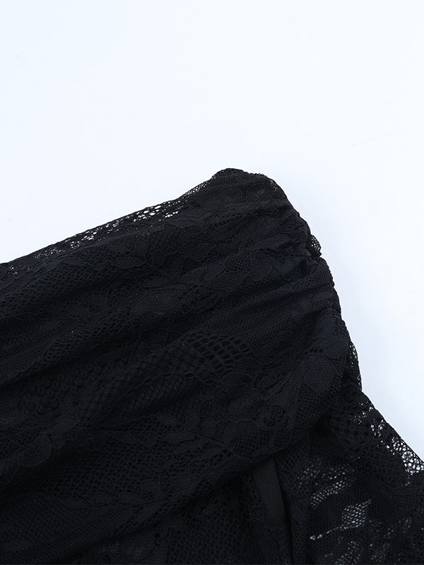 Off Shoulder Lace Patchwork Maxi Dress For Women - Black Gothic Sheer Sleeve Bodycon Gown - Spring Gala Party Outfits 2026