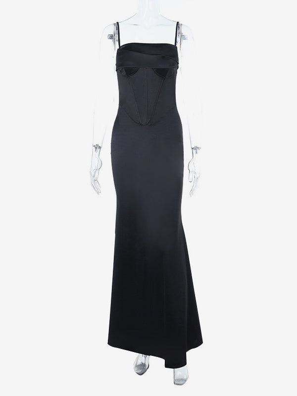 Spaghetti Strap Corset Maxi Dress For Women - Black Elegant Bodycon Gown - Spring Evening Wedding Guest 2026