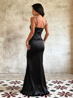 Spaghetti Strap Corset Maxi Dress For Women - Black Elegant Bodycon Gown - Spring Evening Wedding Guest 2026