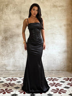 Spaghetti Strap Corset Maxi Dress For Women - Black Elegant Bodycon Gown - Spring Evening Wedding Guest 2026