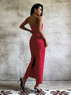 Red Floral Jacquard Maxi Dress For Women - Romantic Slim Fit Cami Dress - Summer Date Night Outfits 2026