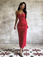 Red Floral Jacquard Maxi Dress For Women - Romantic Slim Fit Cami Dress - Summer Date Night Outfits 2026