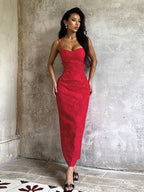 Red Floral Jacquard Maxi Dress For Women - Romantic Slim Fit Cami Dress - Summer Date Night Outfits 2026