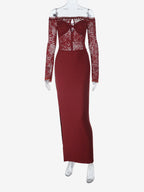 Off Shoulder Lace Patchwork Maxi Dress For Women - Wine Red Long Sleeve Slit Bodycon Gown - Spring Evening Party 2026