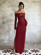 Off Shoulder Lace Patchwork Maxi Dress For Women - Wine Red Long Sleeve Slit Bodycon Gown - Spring Evening Party 2026