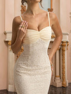 Aesthetic Lace Maxi Dress For Women - Apricot Ruched Bodycon Gown - Summer Wedding Guest Party Wear 2026