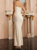 Aesthetic Lace Maxi Dress For Women - Apricot Ruched Bodycon Gown - Summer Wedding Guest Party Wear 2026