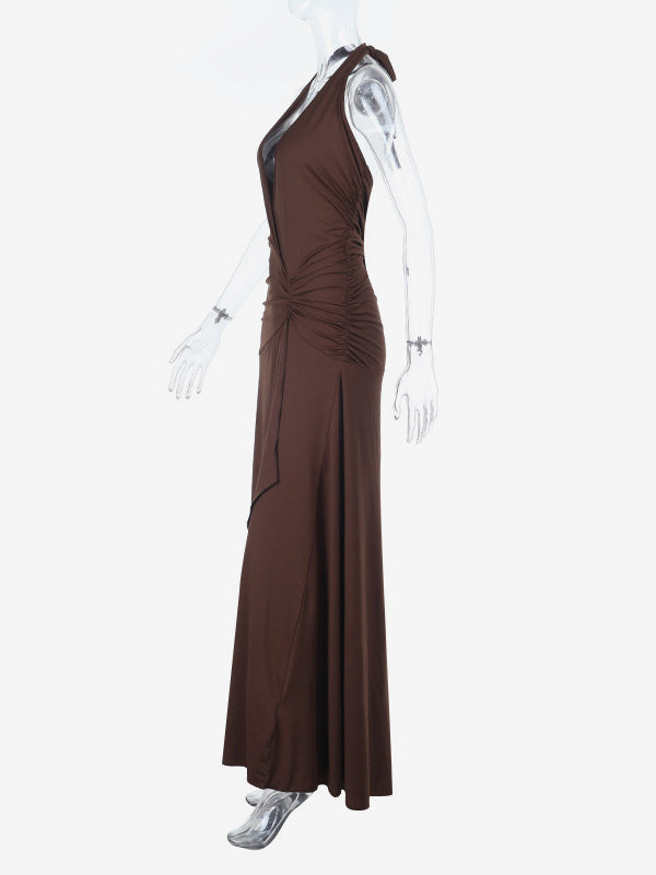 Halter Deep V Neck Maxi Dress For Women - Brown Slinky Ruched Backless Bodycon Gown - Summer Evening Party 2026