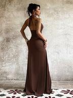 Halter Deep V Neck Maxi Dress For Women - Brown Slinky Ruched Backless Bodycon Gown - Summer Evening Party 2026