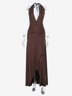 Halter Deep V Neck Maxi Dress For Women - Brown Slinky Ruched Backless Bodycon Gown - Summer Evening Party 2026