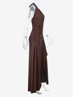Halter Deep V Neck Maxi Dress For Women - Brown Slinky Ruched Backless Bodycon Gown - Summer Evening Party 2026