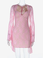 Fairycore Lace Bodycon Mini Dress For Women - Pink Bell Sleeve Slim Fit - Spring Romantic Date Night 2026