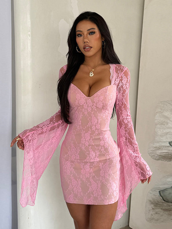 Fairycore Lace Bodycon Mini Dress For Women - Pink Bell Sleeve Slim Fit - Spring Romantic Date Night 2026