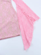 Fairycore Lace Bodycon Mini Dress For Women - Pink Bell Sleeve Slim Fit - Spring Romantic Date Night 2026