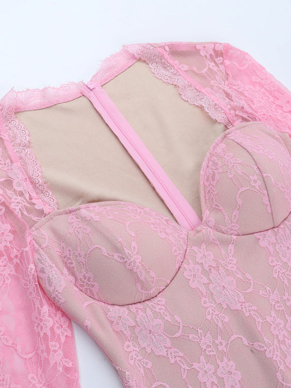 Fairycore Lace Bodycon Mini Dress For Women - Pink Bell Sleeve Slim Fit - Spring Romantic Date Night 2026