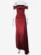 Off Shoulder Satin Maxi Dress For Women - Wine Red Elegant High Slit Ruched Gown - Spring Wedding Guest Party Wear 2026
