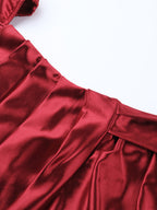 Off Shoulder Satin Maxi Dress For Women - Wine Red Elegant High Slit Ruched Gown - Spring Wedding Guest Party Wear 2026