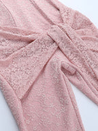 Pink Fairycore Lace Jumpsuit For Women - Tie Front Flare Leg Romper - Summer Romantic Date Night Party Wear 2026