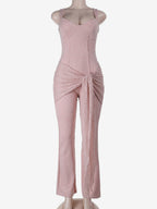 Pink Fairycore Lace Jumpsuit For Women - Tie Front Flare Leg Romper - Summer Romantic Date Night Party Wear 2026