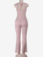 Pink Fairycore Lace Jumpsuit For Women - Tie Front Flare Leg Romper - Summer Romantic Date Night Party Wear 2026