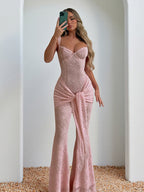 Pink Fairycore Lace Jumpsuit For Women - Tie Front Flare Leg Romper - Summer Romantic Date Night Party Wear 2026