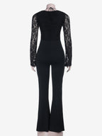 Lace Up Flare Jumpsuit For Women - Black Gothic Floral Lace Long Sleeve Bodycon Romper - Spring Party Clubwear 2026