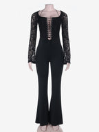 Lace Up Flare Jumpsuit For Women - Black Gothic Floral Lace Long Sleeve Bodycon Romper - Spring Party Clubwear 2026