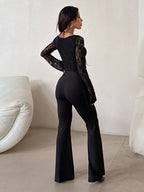 Lace Up Flare Jumpsuit For Women - Black Gothic Floral Lace Long Sleeve Bodycon Romper - Spring Party Clubwear 2026