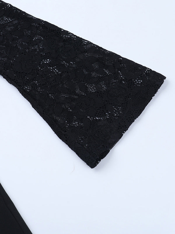 Lace Up Flare Jumpsuit For Women - Black Gothic Floral Lace Long Sleeve Bodycon Romper - Spring Party Clubwear 2026