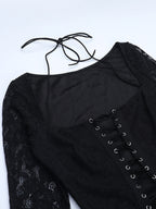Lace Up Flare Jumpsuit For Women - Black Gothic Floral Lace Long Sleeve Bodycon Romper - Spring Party Clubwear 2026
