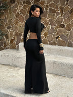 Ruffle V Neck Maxi Dress For Women - Black Elegant Backless Cut Out Bodycon Long Dress - Spring Evening Gown 2026
