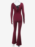 Backless Flare Jumpsuit For Women - Wine Red Sexy Long Sleeve Bodycon Romper - Spring Streetwear 2026