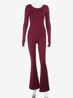 Backless Flare Jumpsuit For Women - Wine Red Sexy Long Sleeve Bodycon Romper - Spring Streetwear 2026
