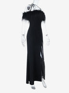 Feather Trim Maxi Dress For Women - Black Elegant Halter High Slit Bodycon Gown - Summer Evening Party 2026