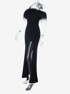 Feather Trim Maxi Dress For Women - Black Elegant Halter High Slit Bodycon Gown - Summer Evening Party 2026